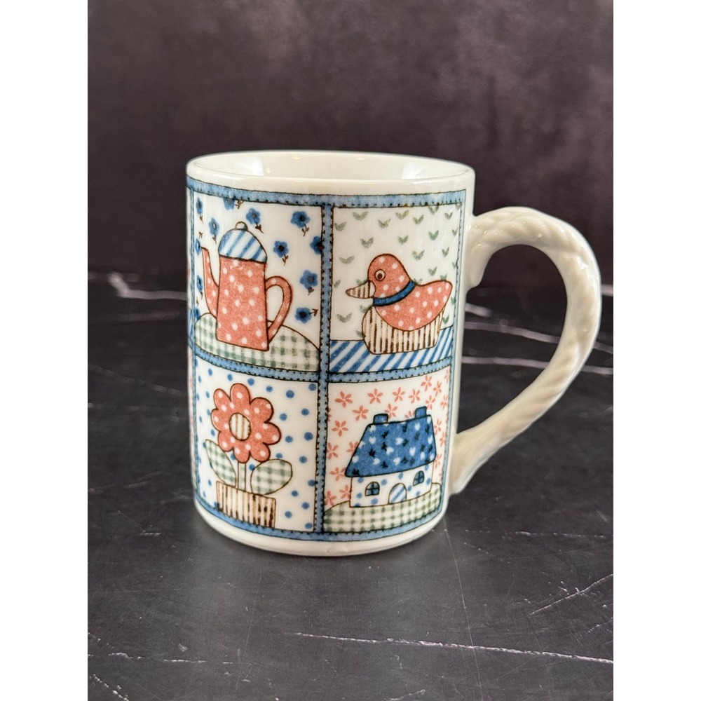 VTG Otagiri Ceramic Quilt Mug Teapot Flowers Duck House Braided Handle